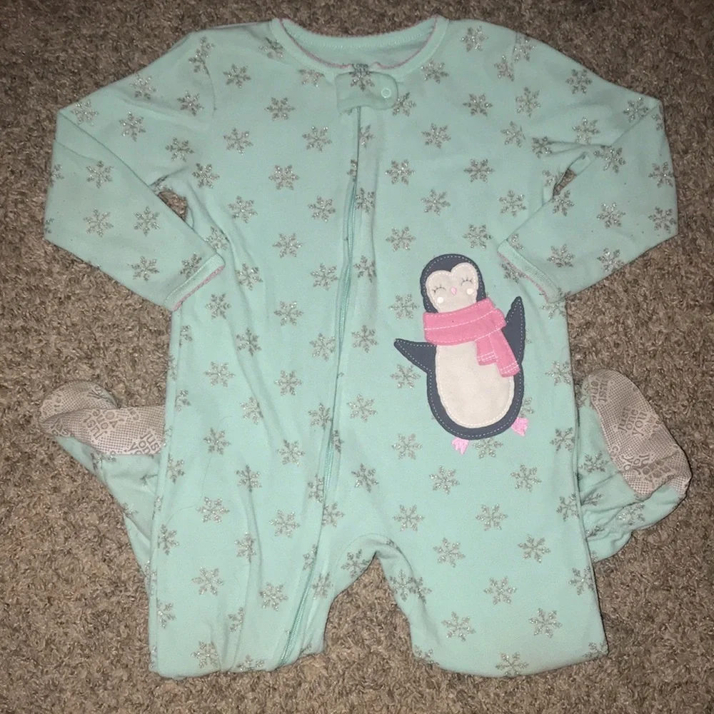 Carter’s Light Blue Glitter Snowflake Penguin Fleece Onesie ZipUp Footie Pajamas